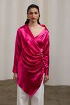 Buy_Sheela Suthar_Fuchsia Silk Pearls Collared, V-neck Double-breasted Draped Shirt  _at_Aza_Fashions