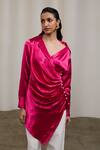 Sheela Suthar_Fuchsia Silk Pearls Collared, V-neck Double-breasted Draped Shirt  _at_Aza_Fashions