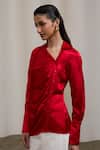 Sheela Suthar_Red Collared, V-neck Asymmetric Placket Detail Gaji Silk Shirt _Online_at_Aza_Fashions