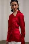 Shop_Sheela Suthar_Red Collared, V-neck Asymmetric Placket Detail Gaji Silk Shirt _Online_at_Aza_Fashions