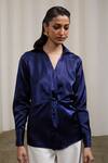 Sheela Suthar_Navy Satin Collared, V-neck Gaji Silk Knotted Wrap Shirt _Online_at_Aza_Fashions