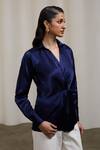 Shop_Sheela Suthar_Navy Satin Collared, V-neck Gaji Silk Knotted Wrap Shirt _Online_at_Aza_Fashions