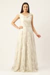 Buy_Sayisha_White Net Pearls, Sequins, Embroidery V-neck Floral Gown _at_Aza_Fashions