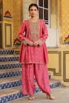 Label Niti Bothra_Pink Embroidery, Zari, Stones Mandarin Collar, Printed Pheran Short Kurta Set _at_Aza_Fashions
