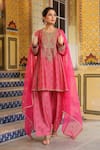 Shop_Label Niti Bothra_Pink Embroidery, Zari, Stones Mandarin Collar, Printed Pheran Short Kurta Set 