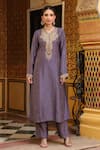 Label Niti Bothra_Purple Tencel, Silk Embroidery, Printed Pakhi Yoke Straight Kurta And Pant Set _at_Aza_Fashions