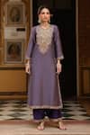 Label Niti Bothra_Purple Silk, Tencel, Organza Embroidery, Printed Pakhi Yoke Straight Kurta Set _Online_at_Aza_Fashions