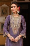 Label Niti Bothra_Purple Silk, Tencel, Organza Embroidery, Printed Pakhi Yoke Straight Kurta Set _at_Aza_Fashions