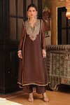 Label Niti Bothra_Brown Organza Embroidery, Sequins, Zari Split Pakhi Yoke Pheran Long Kurta Set _Online_at_Aza_Fashions