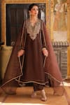 Label Niti Bothra_Brown Organza Embroidery, Sequins, Zari Split Pakhi Yoke Pheran Long Kurta Set _at_Aza_Fashions