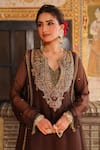 Buy_Label Niti Bothra_Brown Organza Embroidery, Sequins, Zari Split Pakhi Yoke Pheran Long Kurta Set 