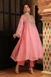 Buy_Label Niti Bothra_Pink Organza Embroidery, Sequins, Zari Split Pakhi Yoke Pheran Long Kurta Set _Online_at_Aza_Fashions