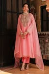 Buy_Label Niti Bothra_Pink Organza Embroidery, Sequins, Zari Split Pakhi Yoke Pheran Long Kurta Set _at_Aza_Fashions