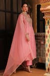 Shop_Label Niti Bothra_Pink Organza Embroidery, Sequins, Zari Split Pakhi Yoke Pheran Long Kurta Set _Online_at_Aza_Fashions