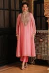 Buy_Label Niti Bothra_Pink Organza Embroidery, Sequins, Zari Split Pakhi Yoke Pheran Long Kurta Set 