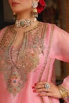 Shop_Label Niti Bothra_Pink Organza Embroidery, Sequins, Zari Split Pakhi Yoke Pheran Long Kurta Set 