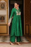 Label Niti Bothra_Green Silk, Tencel Applique, Zari, Stones Split Embroidered Kurta And Pant Set _Online_at_Aza_Fashions