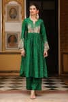 Buy_Label Niti Bothra_Green Silk, Tencel Applique, Zari, Stones Split Embroidered Kurta And Pant Set _Online_at_Aza_Fashions