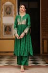 Shop_Label Niti Bothra_Green Silk, Tencel Applique, Zari, Stones Split Embroidered Kurta And Pant Set _Online_at_Aza_Fashions