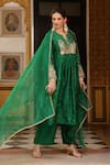 Label Niti Bothra_Green Silk, Tencel Applique, Zari, Stones Split Embroidered Kurta And Pant Set _at_Aza_Fashions