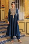 Shop_Label Niti Bothra_Blue Chanderi Silk, Organza Embroidery, Zari, Tassels Split V-neck Anarkali Set _Online_at_Aza_Fashions