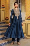 Buy_Label Niti Bothra_Blue Chanderi Silk, Organza Embroidery, Zari, Tassels Split V-neck Anarkali Set 