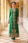 Label Niti Bothra_Green Silk, Tencel, Organza Embroidery V-neck Jacket Anarkali Set _Online_at_Aza_Fashions