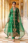 Label Niti Bothra_Green Silk, Tencel, Organza Embroidery V-neck Jacket Anarkali Set _at_Aza_Fashions