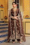 Buy_Label Niti Bothra_Brown Silk, Tencel, Organza Embroidery, Sequins V-neck Jacket Anarkali Set _at_Aza_Fashions