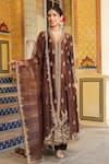 Label Niti Bothra_Brown Silk, Tencel, Organza Embroidery, Sequins V-neck Jacket Anarkali Set _Online_at_Aza_Fashions