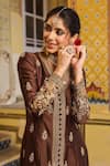 Buy_Label Niti Bothra_Brown Silk, Tencel, Organza Embroidery, Sequins V-neck Jacket Anarkali Set _Online_at_Aza_Fashions