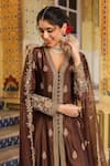 Buy_Label Niti Bothra_Brown Silk, Tencel, Organza Embroidery, Sequins V-neck Jacket Anarkali Set 