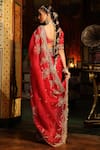 Shop_Label Niti Bothra_Red Organza, Silk Zari, Embroidery Leaf Neck Zardozi Saree With Blouse _at_Aza_Fashions