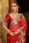 Label Niti Bothra_Red Organza, Silk Zari, Embroidery Leaf Neck Zardozi Saree With Blouse _Online_at_Aza_Fashions