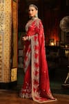 Shop_Label Niti Bothra_Red Organza, Silk Zari, Embroidery Leaf Neck Zardozi Saree With Blouse _Online_at_Aza_Fashions