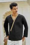 Buy Dash And Dot Black Polyester, Viscose, Spandex Metallic Thread, Overlap V-neck Shirt at Aza Fashions Buy_Dash And Dot_Black Polyester, Viscose, Spandex Metallic Thread, Overlap V-neck Shirt _at_Aza_Fashions