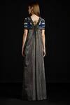 Shop_Akhl_Charcoal Chiffon, Tulle Round Neck Interwoven Yoke Metallic Kaftan Dress _at_Aza_Fashions