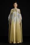 Buy_Akhl_Gold Tulle, Satin Metallic Thread High Neck Overlay Kaftan Dress _at_Aza_Fashions