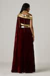 Shop_Akhl_Red Velvet, Polyester, Cotton Metallic Thread, Mirrors Wrap Kaftan Dress _at_Aza_Fashions