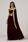 Buy_Akhl_Red Velvet, Polyester, Cotton Metallic Thread, Mirrors Wrap Kaftan Dress _at_Aza_Fashions