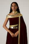 Akhl_Red Velvet, Polyester, Cotton Metallic Thread, Mirrors Wrap Kaftan Dress _Online_at_Aza_Fashions