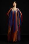 Buy_Akhl_Multi Color Tulle, Satin V-neck Multicolor Fall-panelled Kaftan _at_Aza_Fashions