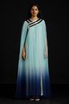 Buy_Akhl_Blue Tulle Metallic Thread, Embroidery V-neck Gradient Gathered Kaftan _at_Aza_Fashions