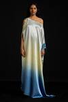 Buy_Akhl_Silver Satin, Tulle Metallic Thread, Cut Work One Asymmetric Gradient Kaftan _at_Aza_Fashions