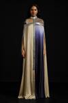 Buy_Akhl_Gold Satin, Tulle Metallic Thread High Neck And Navy Asymmetric Kaftan _at_Aza_Fashions