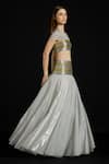 Akhl_Gold Tulle, Polyamide Metallic Thread, Embroidery V-neck Zari Striped Skirt Set _Online_at_Aza_Fashions