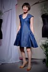 Buy_Echke_Blue Denim Studs V-neck Gathered Dress _at_Aza_Fashions