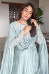 JAYATI GOENKA_Blue Chanderi Silk Round Neck Stripe Print Kurta Set _Online