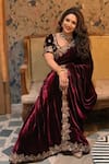 Buy_Sabe_Maroon Velvet Zari, Embroidery Plunge Neck Floral Zardozi Saree Set _at_Aza_Fashions