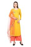 Buy_Samyukta Singhania_Yellow Rayon, Net Embroidery, Sequins Round Neck Floral Kurta Set_at_Aza_Fashions